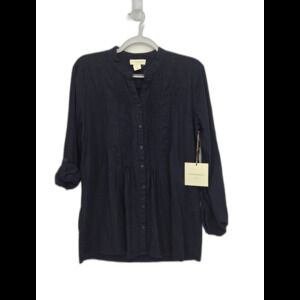 New Cynthia Rowley Linen Blend Pintuck Button Down Tunic Top Navy Blue Small